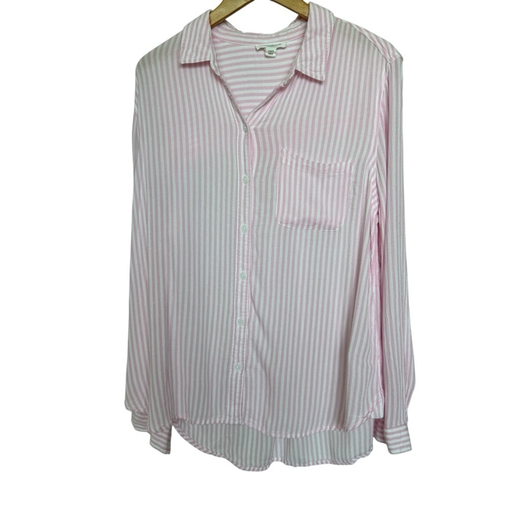Beachlunchlounge Women's L Pink Striped Button-Up Shirt Long Sleeve Rayon Beach